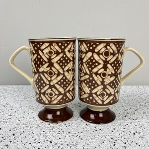 2 Vintage MCM Stoneware Pedestal D Handle Coffee Mugs Brown‎ Geometric